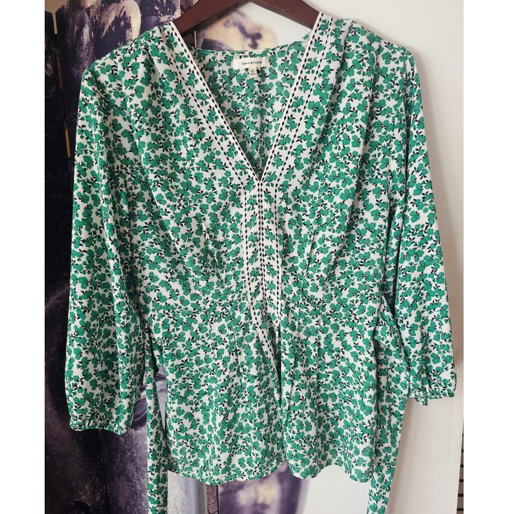 Max Studio Floral Print Tie Waist Blouse Top Green White Womens Small
